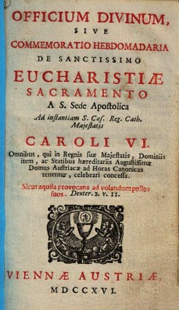 Officium Divinum, Sive Commemoratio Hebdomadaria De Sanctissimo Eucharistiae Sacramento