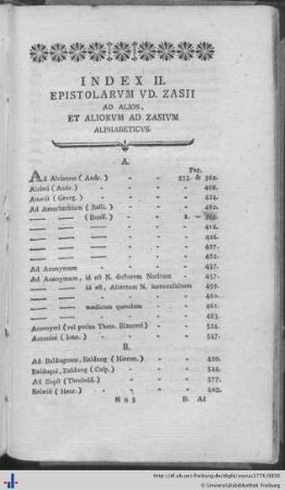 Index II. Epistolarum Udalrici Zasii ad Alios, et Aliorum ad Zasium Alphabeticus.