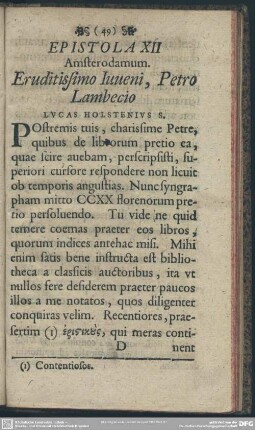 Epistola XII Amsterodamum. Eruditissimo Iuveni, Petro Lambecio Lucas Holstenius S.