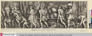 Aegyptiorum sive [Afrorum] Peregrinatio [Zug von Männern, Frauen und Kindern mit dem Transport von Nahrung in Fässern und einer Kiepe nach links]