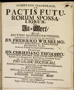 Dissertatio Inauguralis, De Pactis Futurorum Sponsaliorum, Von Ja-Wort