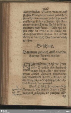 Beschluß. Darinnen zugleich auff allerley Einreden Antwort gegeben wird