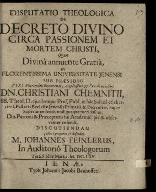 Disp. theol. de decreto divino circa passionem et mortem Christi
