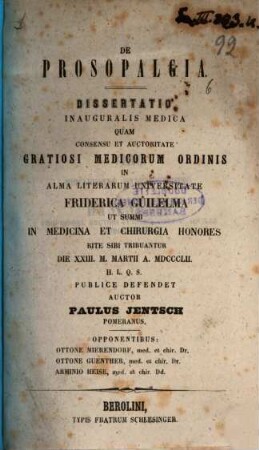 De Prosopalgia : Dissertatio inauguralis