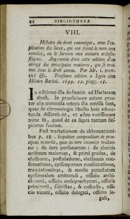 VIII. Histoire du droit canonique, avec l´explication des lieux, qui ont donné le nom aux conciles, ou le surnom aux auteurs ecclesiastiques.[...]