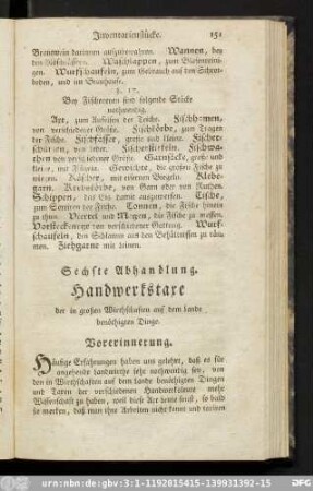 Sechste Abhandlung. Handwerkstaxe der in großen Wirthschaften auf dem Lande benöthigten Dinge.
