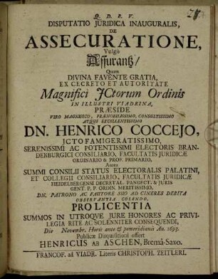 Disputatio Iuridica Inauguralis, De Assecuratione, Vulgo Assurantz