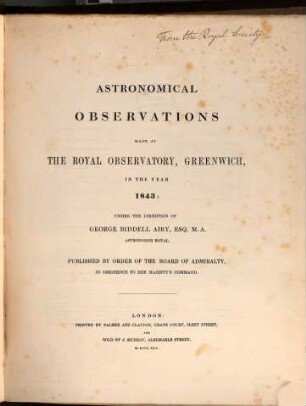 Astronomical observations made at the Royal Observatory at Greenwich. 1843 (1845)