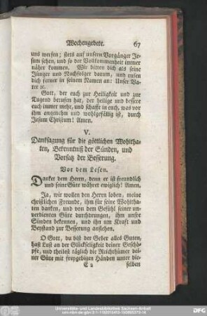 V. Danksagung für die göttlichen Wohlthaten, Bekenntniß der Sünden, und Vorsatz der Besserung.