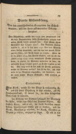 Vierte Abhandlung. Von den unterscheidenen Kennzeichen der Schußwunden, und der ihnen zukommenden Behandlungsart.
