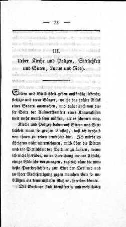 III. Ueber Kirche und Polizey, Sittlichkeit und Sitten, Luxus und Noth