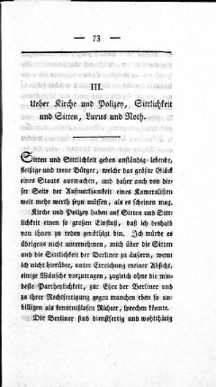 III. Ueber Kirche und Polizey, Sittlichkeit und Sitten, Luxus und Noth