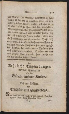 X. Aehnliche Empfindungen meiner Ehegattin bey den Särgen unserer Kinder.