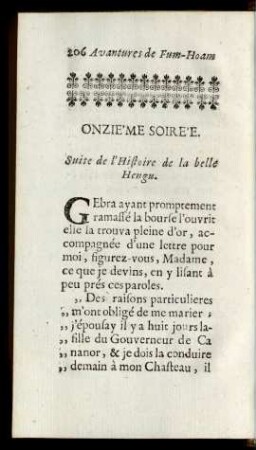 Onziéme Soirée. Suite de l`Histoire de la belle Hengu.