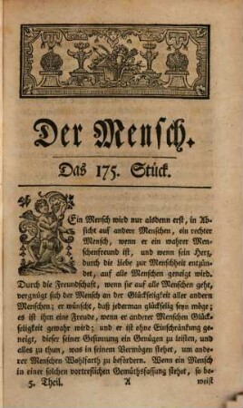 Der Mensch : eine moralische Wochenschrift. 5, 5. 1753
