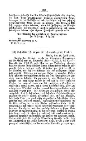 Schuleinrichtungen für schwachbegabte Kinder : [F. Oeffentliches Schulwesen]