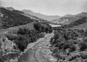 Landschaftsblick : Blick auf einen kleinen Fluss. Links und rechts sind Wein- und Getreidefelder zwischen dichter Macchiebewachsung zu erkennen. Im Hintergrund befinden sich die Vorberge des Djebel Babor.