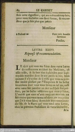 Lettre XXXVI. Response & recommendation