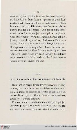 III: Qui et qua natione fuerint cultores dei Saturni