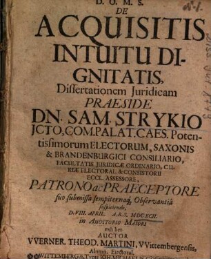 De Acquisitis Intuitu Dignitatis Dissertationem Juridicam
