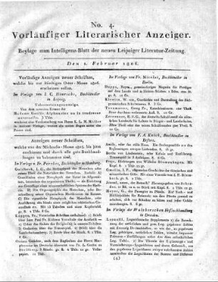 Vorläufige Anzeigen neuer Schriften, welche bis zur künftigen Oster-Messe 1806. erscheinen sollen.