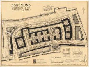 Bebauungsplan Dortmund: Bahnhofsviertel, Lageplan, Straßenprofile, Schnitt und Grundrissdetails 1:1000