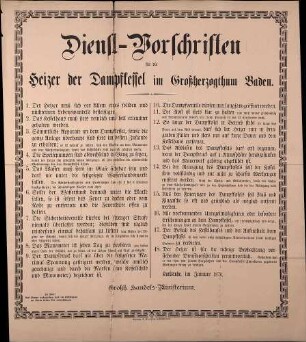 Dienstvorschriften für die Heizer der Dampfkessel im Großherzogtum Baden (gedr. G. Braunsche Hofbuchdruckerei, Karlsruhe)