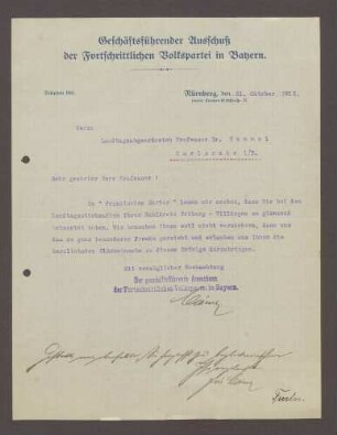 Glüchwunschschreiben des Geschäftsführenden Ausschuss der Fortschrittlichen Volkspartei in Bayern, Nürnberg, an Hermann Hummel 1 Schreiben,