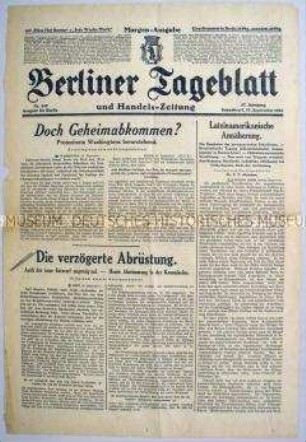 Titelseite des "Berliner Tageblatt" u.a. zu den Abrüstungsverhandlungen in Genf