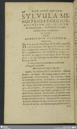 Sylvula Minus Probatorum, Insolentium Soloecorum & [...], barbarorum & semibarbarorum commutat. in Latin. Per Rodolphum Goclenium Seniorem