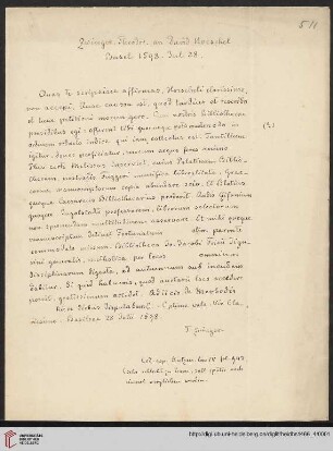 Heid. Hs. 1466: Briefabschriften von Ernst Volger (1888) aus der Sammlung Rehdiger der Stadtbibliothek Breslau. Teil II: Ursinus, Werdenstein, Zanchius und Zwinger.: Brief von Unbekannt an David Hoeschel : Abschrift von E. Volger