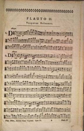 VESPERAE PER totum Annum A Organo, 4 Vocibus cantant: 2 Violinis, et Viola, obligatis, 2 Flautis, 2 Clarinettis, 2 Cornibus, 2 Clarinis, Tympanis et Violone non obligatis, cum IV. ANTIPHONIS MARIANIS. Compositae per FRANCISCUM BÜHLER, Ecclesiae Cathedralis Augustanae Capellae Magistrum. OPUS IV