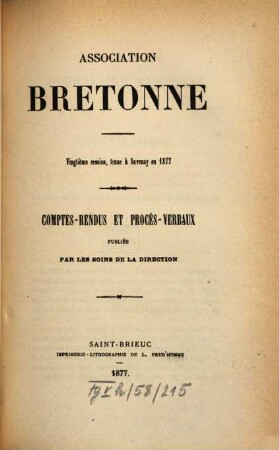 Comptes rendus, procès-verbaux, mémoires. 20. 1877. Session tenue à Savenay. - 1877