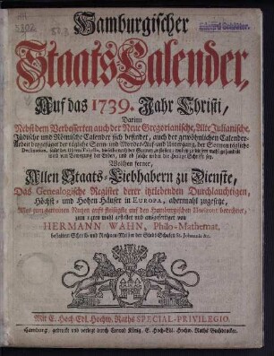 1739: Hamburgischer Staats-Kalender : auf das Jahr