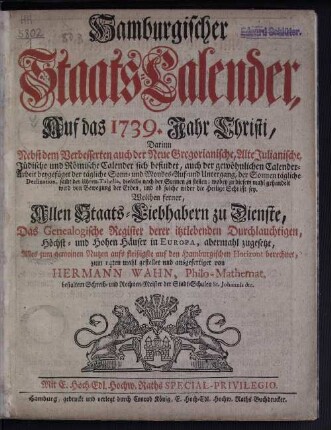 1739: Hamburgischer Staats-Kalender : auf das Jahr