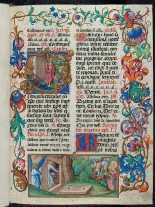 Bas-de-page-Miniatur: Die drei Frauen am Grab zu Ostern; historisierte Initiale: O[S](i conresurrexistis), Auferstehung Christi; Rankenbordüre