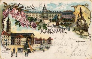 Postkartenalbum. "Gruß aus Karlsruhe". Schloss, Nymphengruppe, Marktplatz und Evangelische Stadtkirche