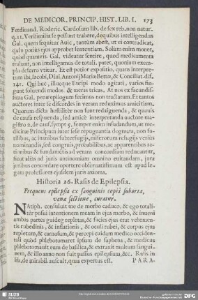 Historia 26. Rasis de Epilepsia. Frequens epilepsia ex sanguinis copia suborta, venae sectione, curatur