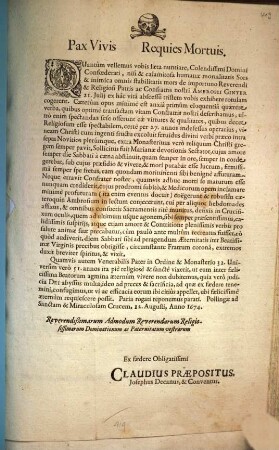 Pax Vivis Requies Mortuis : Quantum vellemus vobis laeta nuntiare, Colendissimi Domini Confoederati ... Ambrosii Ginter ...