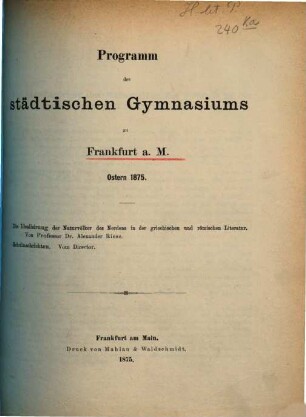 Programm des Städtischen Gymnasiums in Frankfurt a.M. : Ostern ..., 1874/75