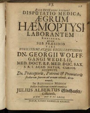 Disputatio Medica, Aegrum Haemoptysi Laborantem Exhibens