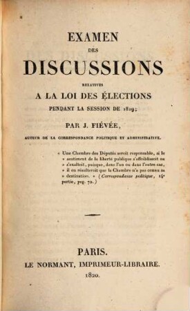Examen des discussions relatives à la loi des élections pendant la session de 1819