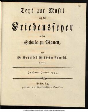 Text zur Musik auf die Friedensfeyer in der Schule zu Plauen
