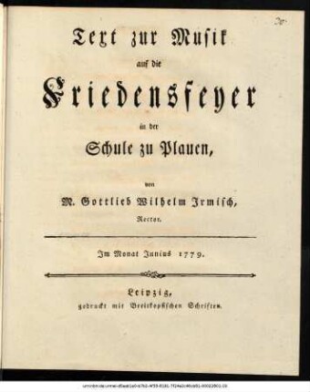 Text zur Musik auf die Friedensfeyer in der Schule zu Plauen