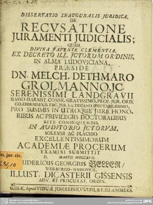 Dissertatio Inauguralis Juridica, De Recusatione Juramenti Judicialis