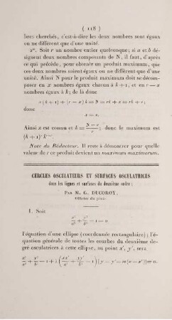 Cercles osculateurs et surfaces osculatrices dans les lignes et surfaces du deuxième ordre.