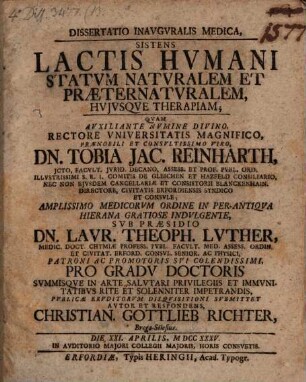 Diss. inaug. ... sistens lactis humani statum naturalem et praeternaturalem, huiusque therapiam