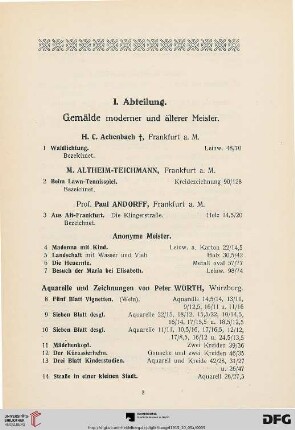 I. Abteilung. Gemälde moderner und älterer Meister (Nr.1-210)