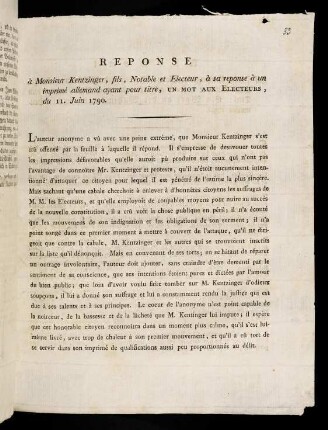 1r-1v, Reponse à Monsieur Kentzinger ...