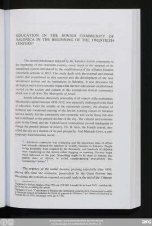 Education In The Jewish Community Of Salonica In The Beginning Of The Twentieth Century